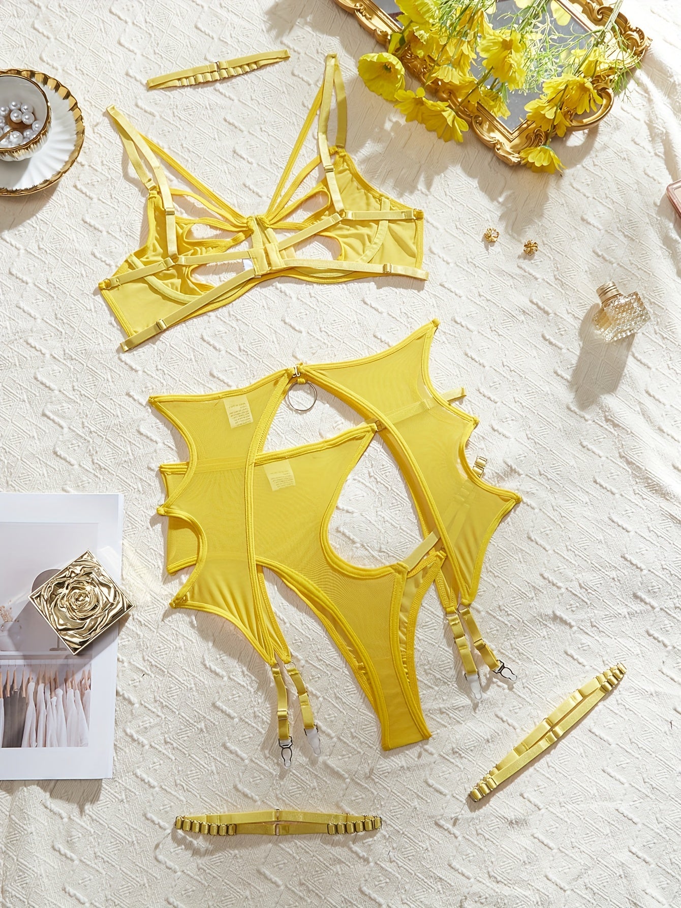 Women's Butterfly Lingerie Set with See-Through Spaghetti Straps and Leg Straps Bra and Panty