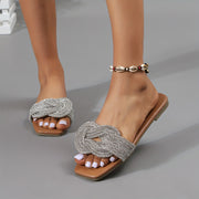 Women's Open-Toe Flat Sandals with Rhinestone Strappy Back Man-Made Materials
