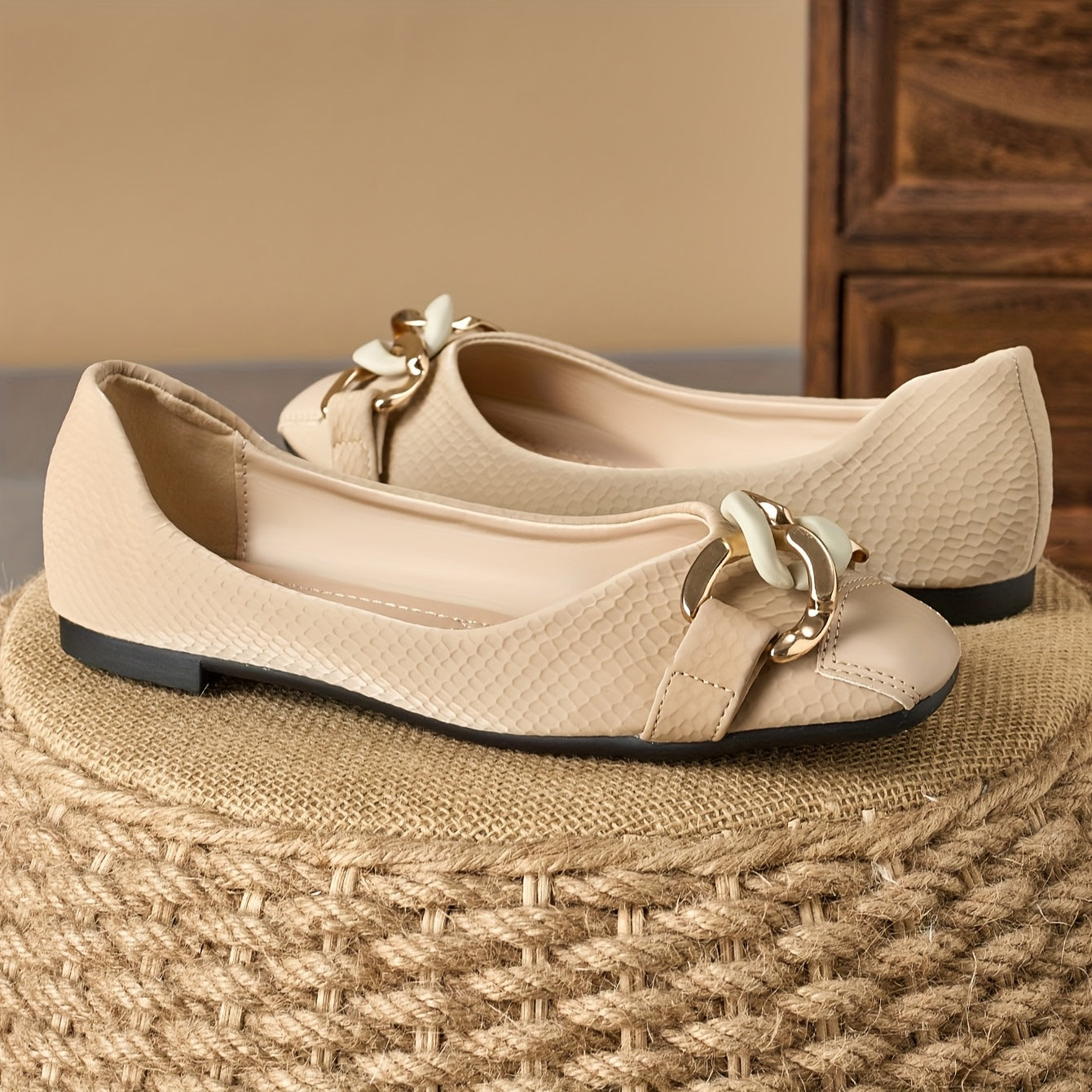 Women's Beige Slip-On Flats with Gold Chain Decor, Anti-Slip, Square Toe