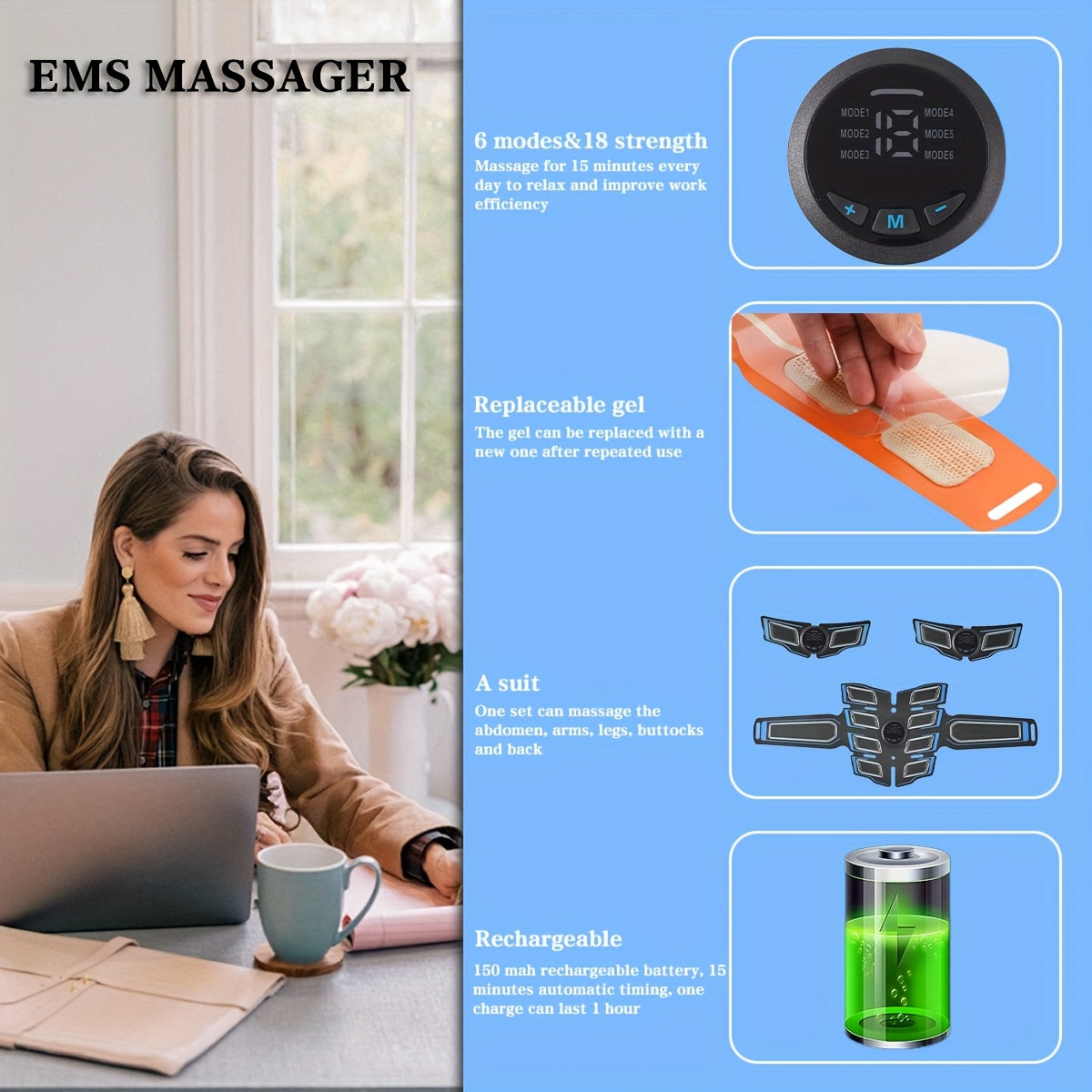 Uydagi fitnes uchun uch qismli USB zaryadlanadigan massaj kamar to'plami, Tens qorin mushaklarini o'rgatish moslamasi va EMS mushaklarni o'rgatish kamarini o'z ichiga oladi. To'liq tana mushaklari uchun 6 rejim va 18 intensivlik darajasini taklif etadi.