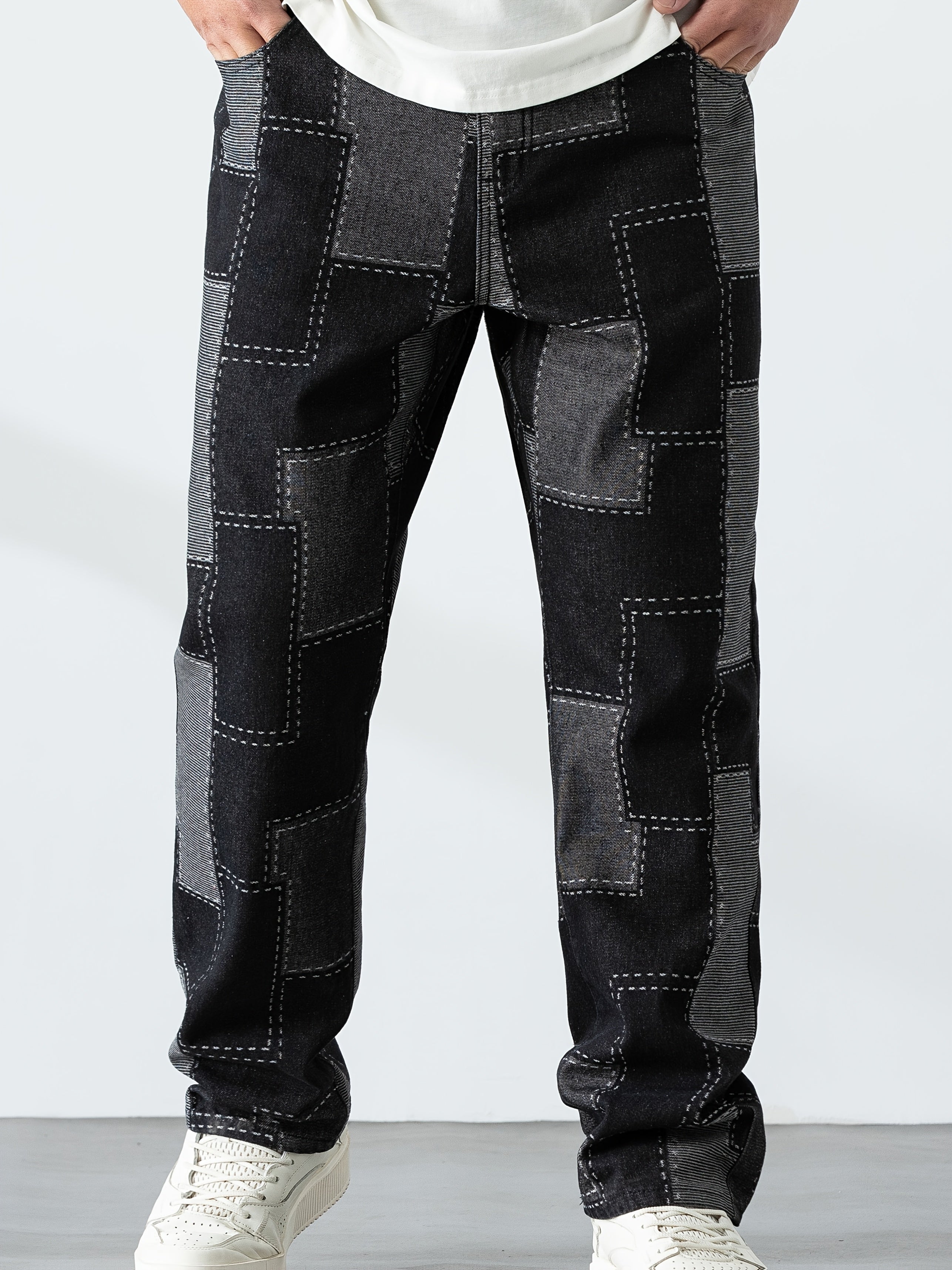 Erkaklar uchun kundalik tekis-chiziqli tekislikdagi denim shimlar, erkin fit, barcha mavsumlar uchun, katta o'lcham