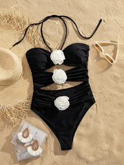 Qora bir qismli suzish kostyumi, 3D gul bezaklari bilan, halter, yuqori bel, bukilgan, elastik polyester