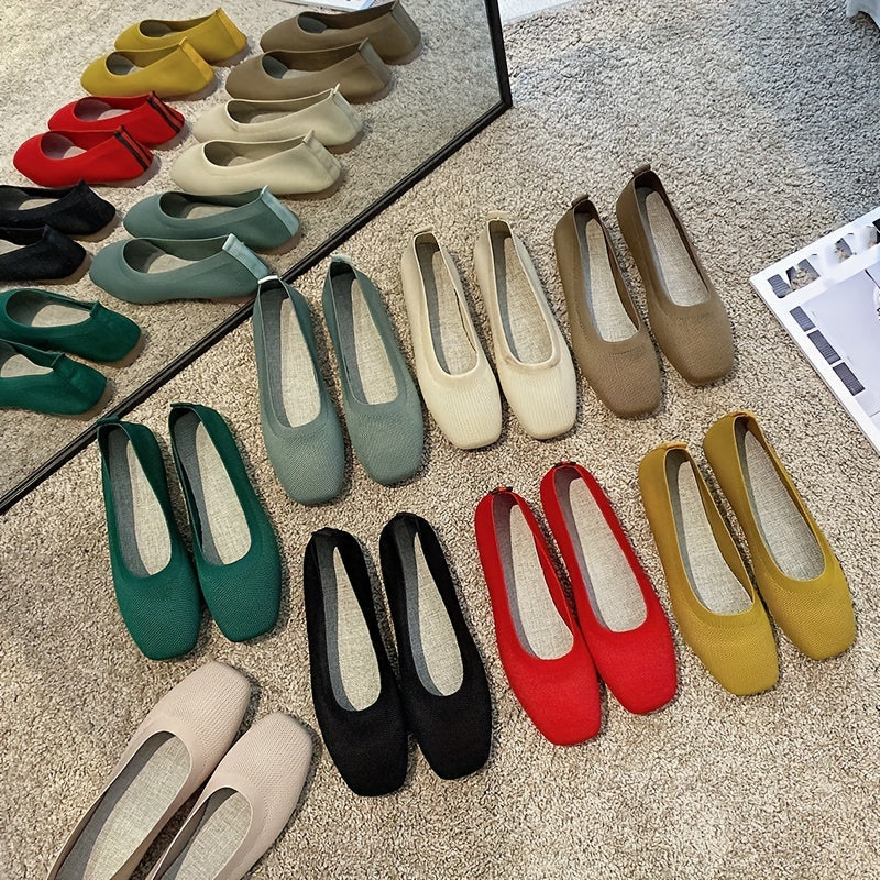 Women's Knit Flat Shoes Breathable Slip-On Square Toe Ballet Flats