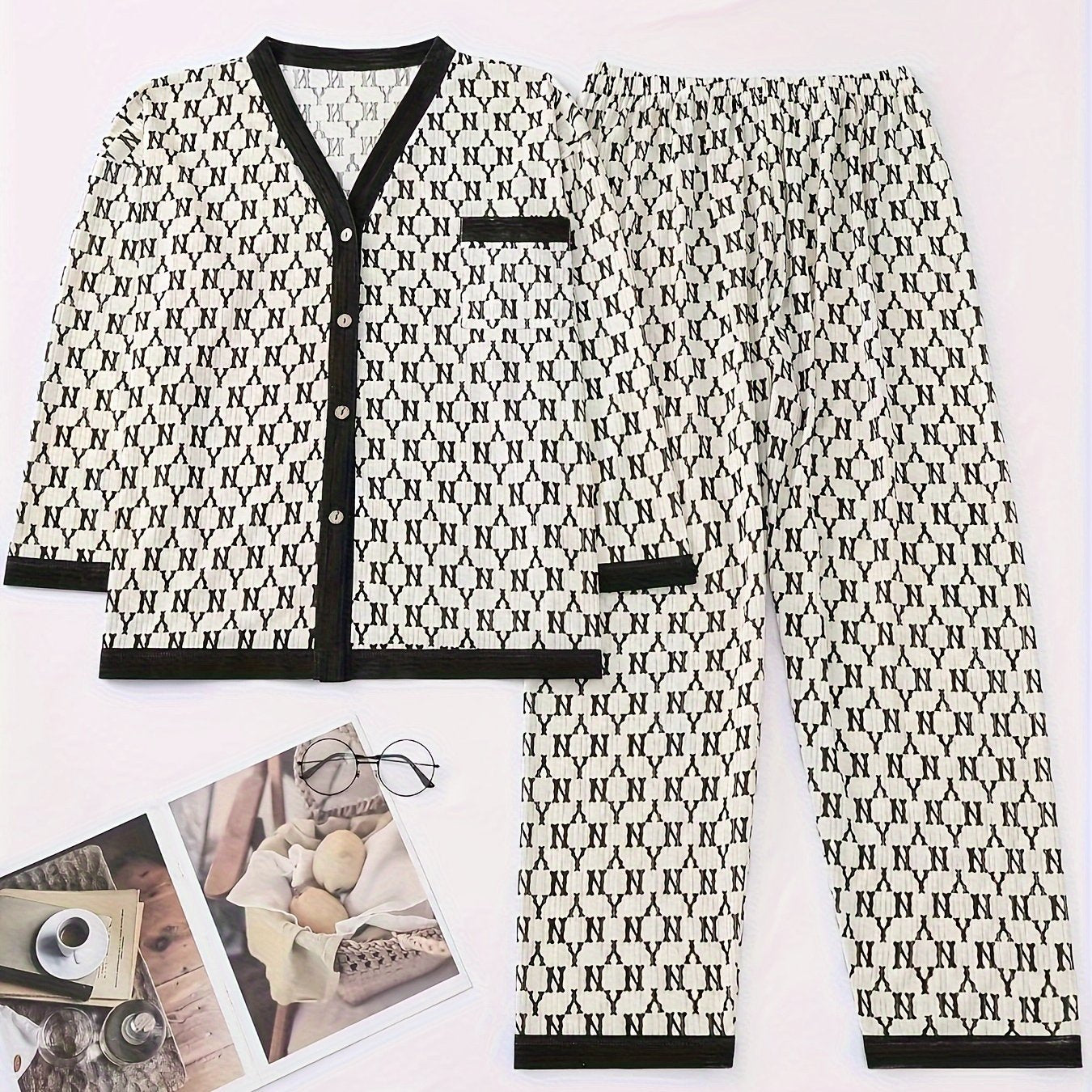 Pink Spring and Autumn Pajama Set for Adults with Open Front and Long Sleeves