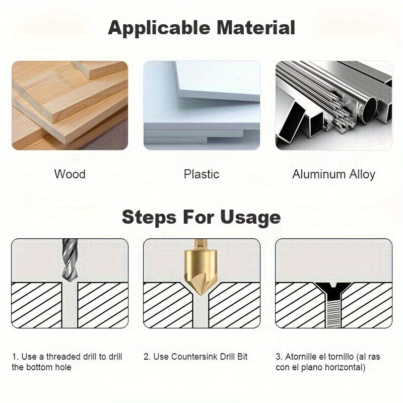 3Pcs Countersink Drill Bits Set, 90° Chamfer For Wood Plastic Aluminum