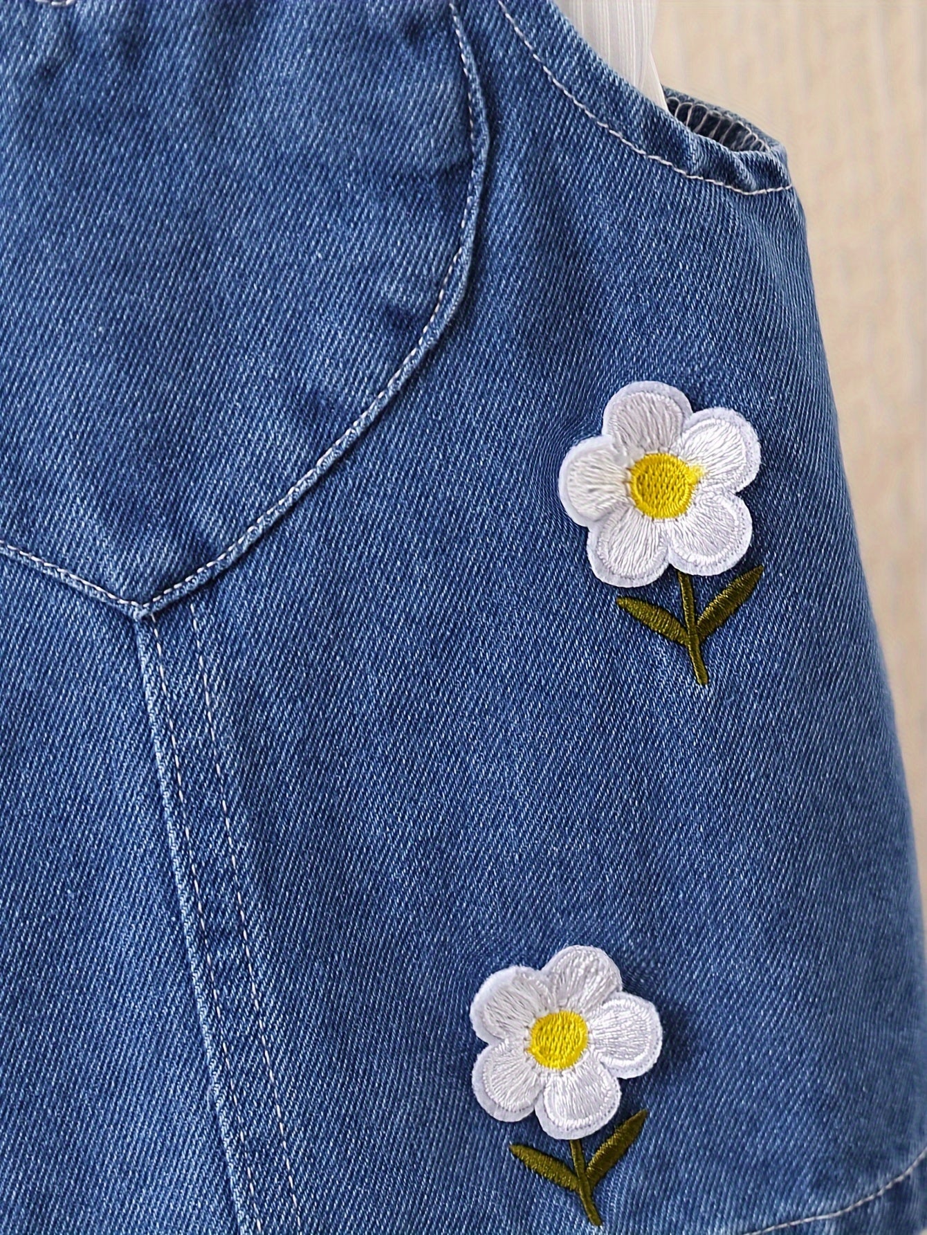 Girls Denim Dress Set with Embroidered Flowers and Long Sleeve Top for Infants