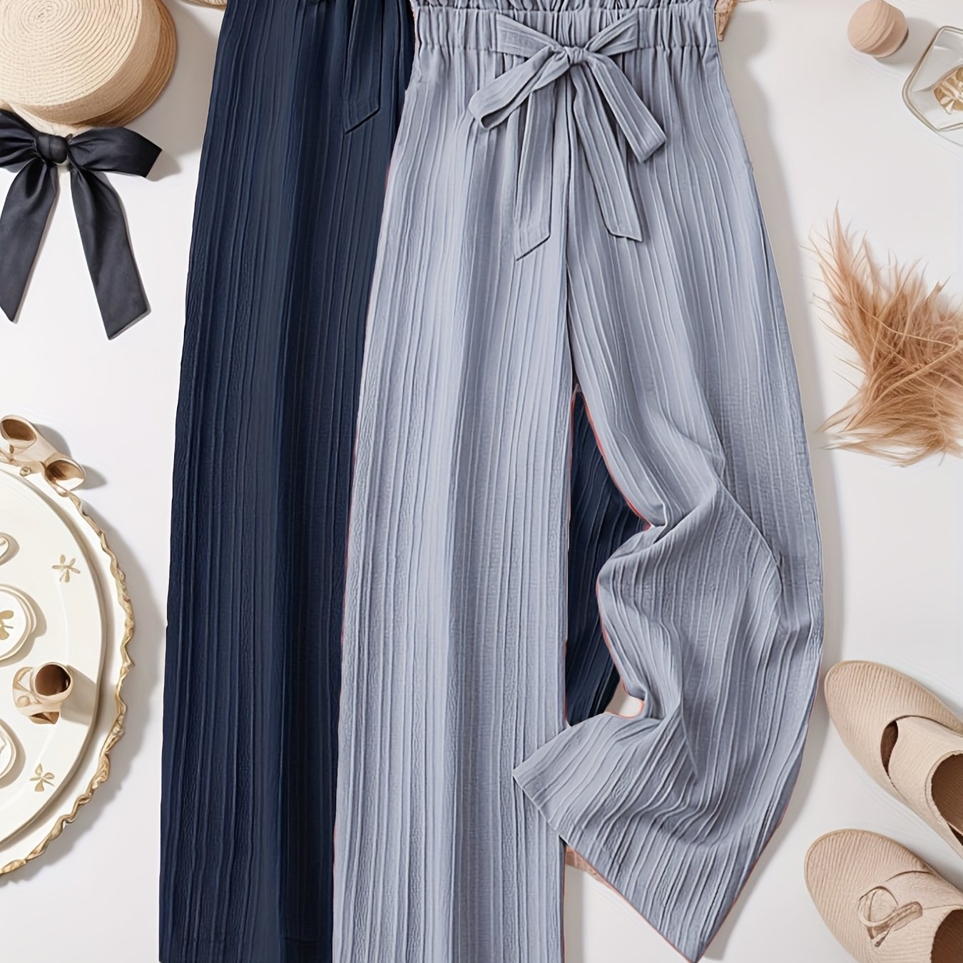 Women's Plus Size Striped Pleated Textured Long Pants Two Pack