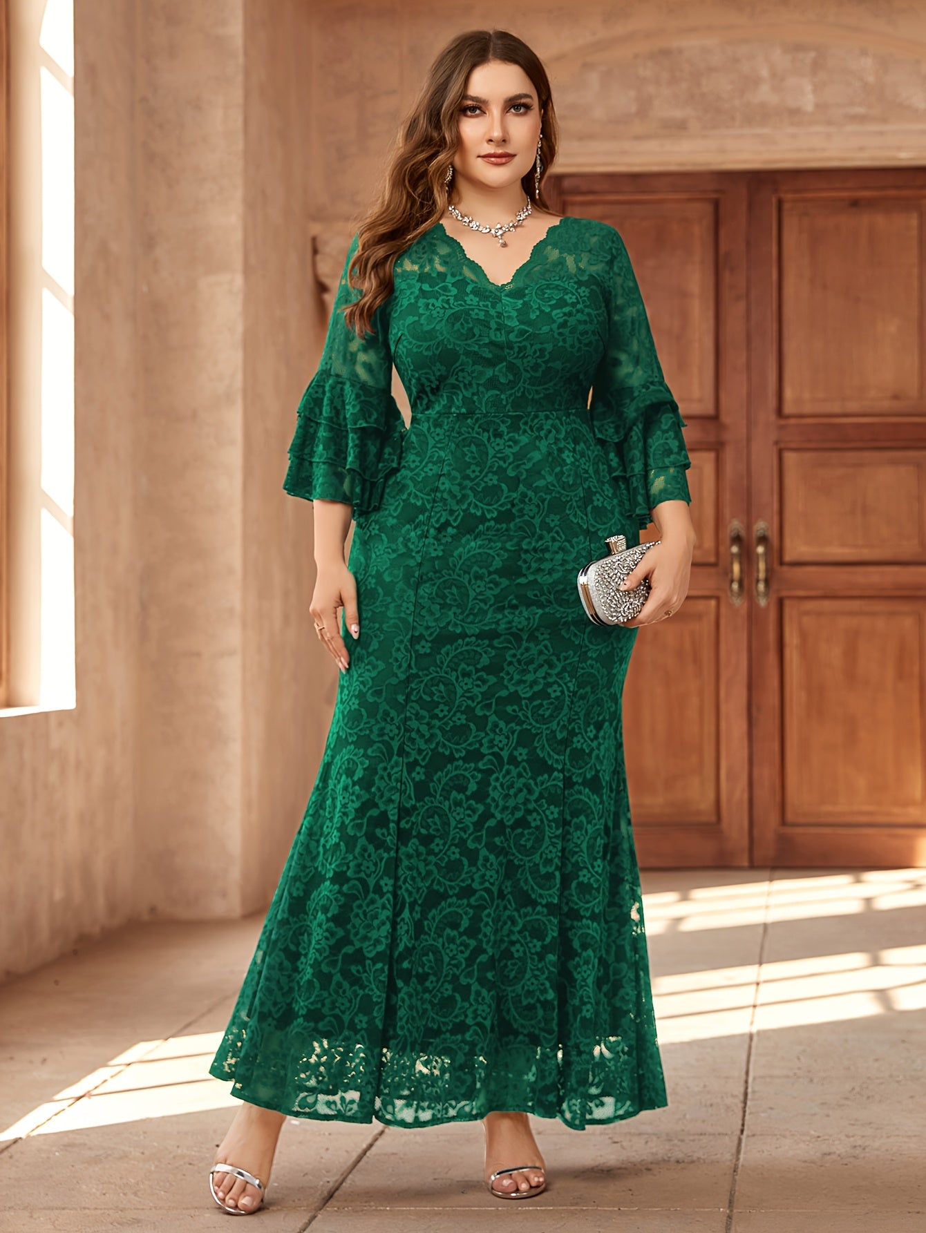 Plus Size Women’s Elegant V-Neck Long Evening Gown with Bell Sleeves