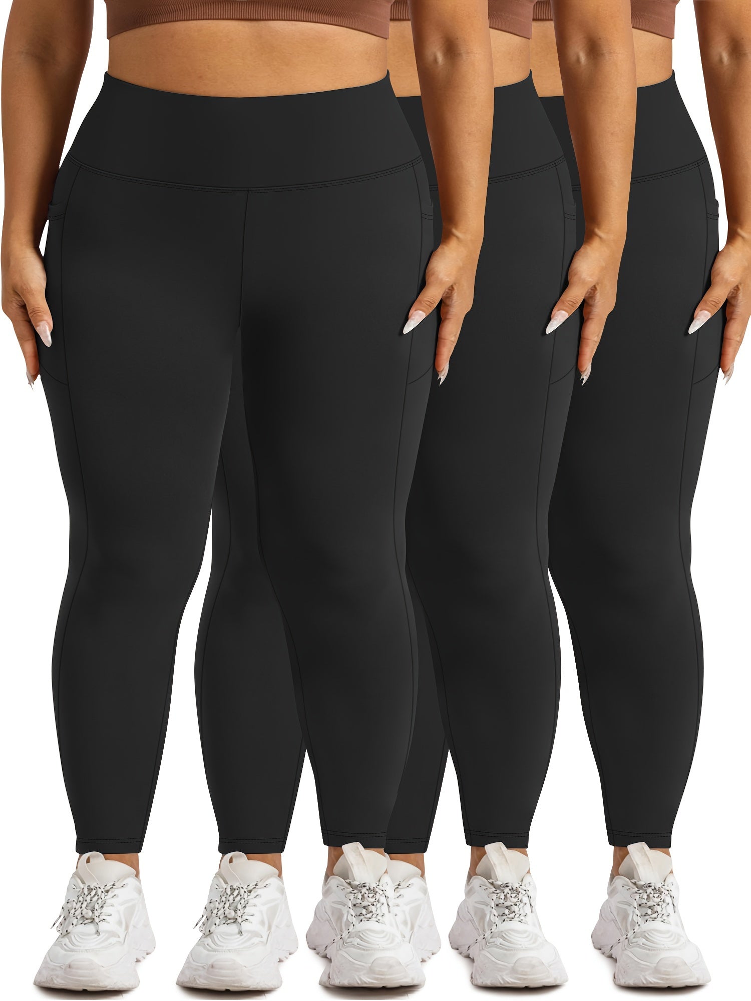 Plus Size Women’s Tummy Control Yoga Pants Set of 3 High Waist Pockets