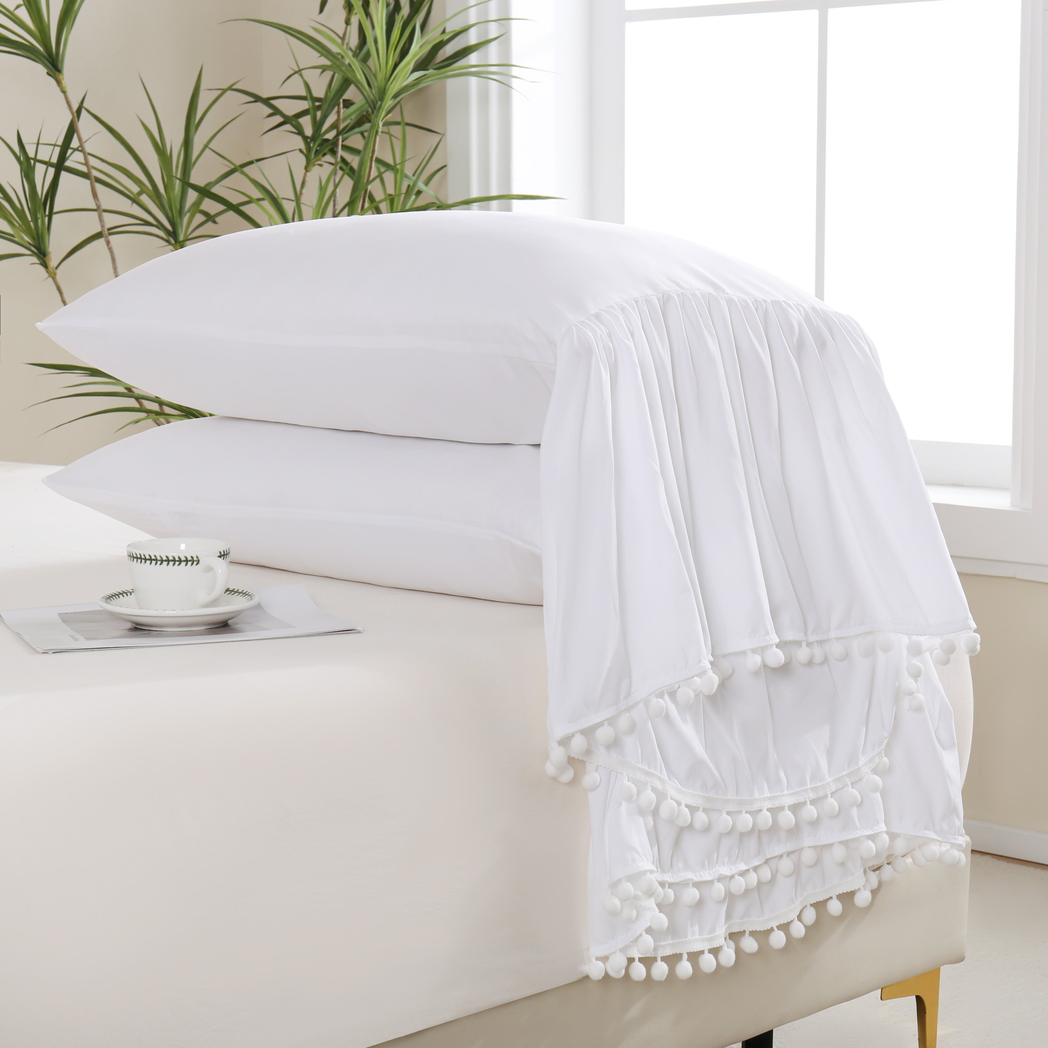 White Lace Pillowcase with Ruffle Trim Soft Breathable Hypoallergenic for Bedroom Sofa Decor