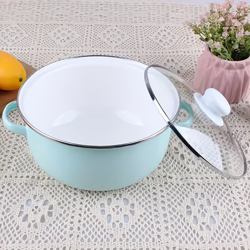 Enamel Stockpot with Lid Double Handle Thickened Design 22cm Mint Green
