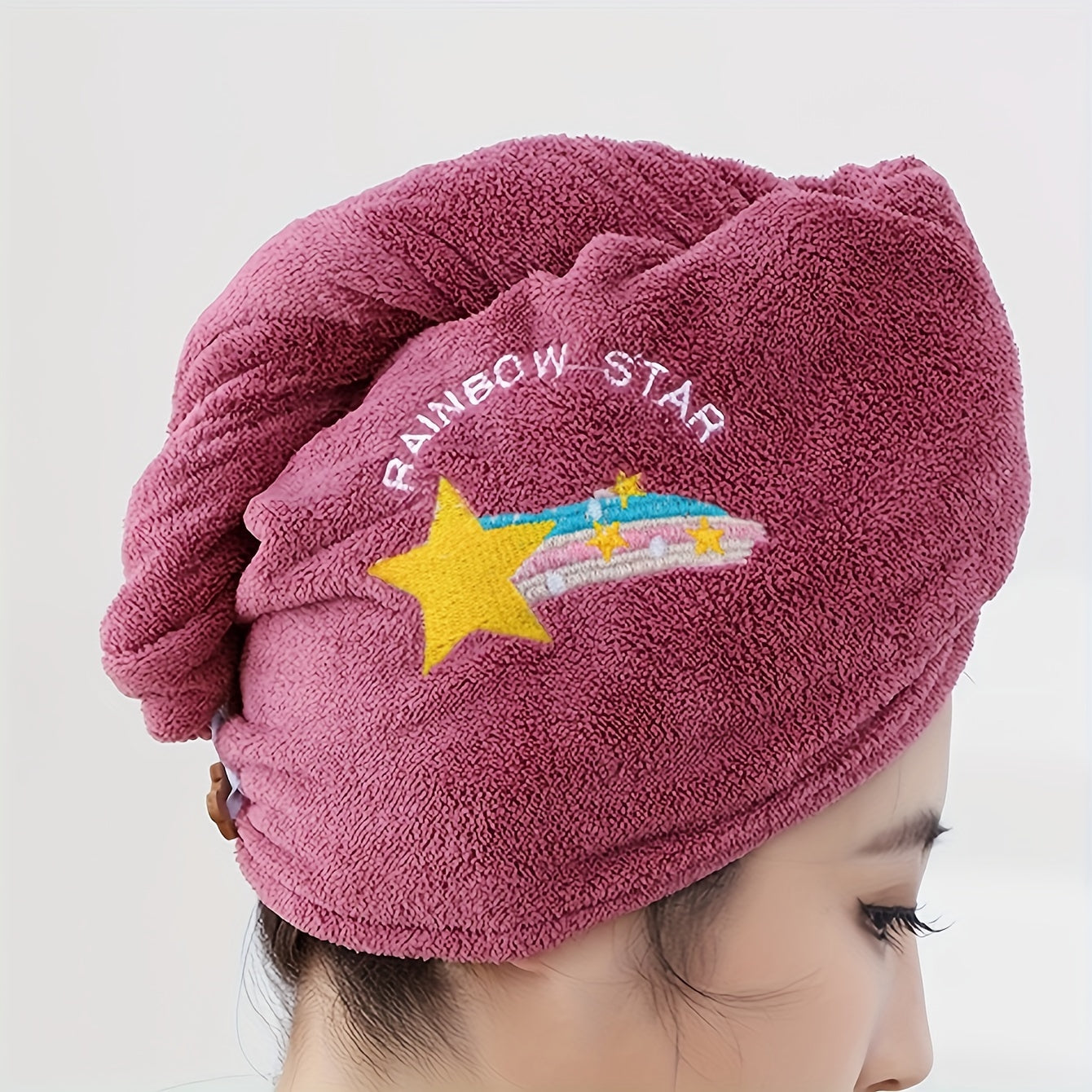 Embroidered Hair Towel with Button Soft Absorbent Quick Dry for Women