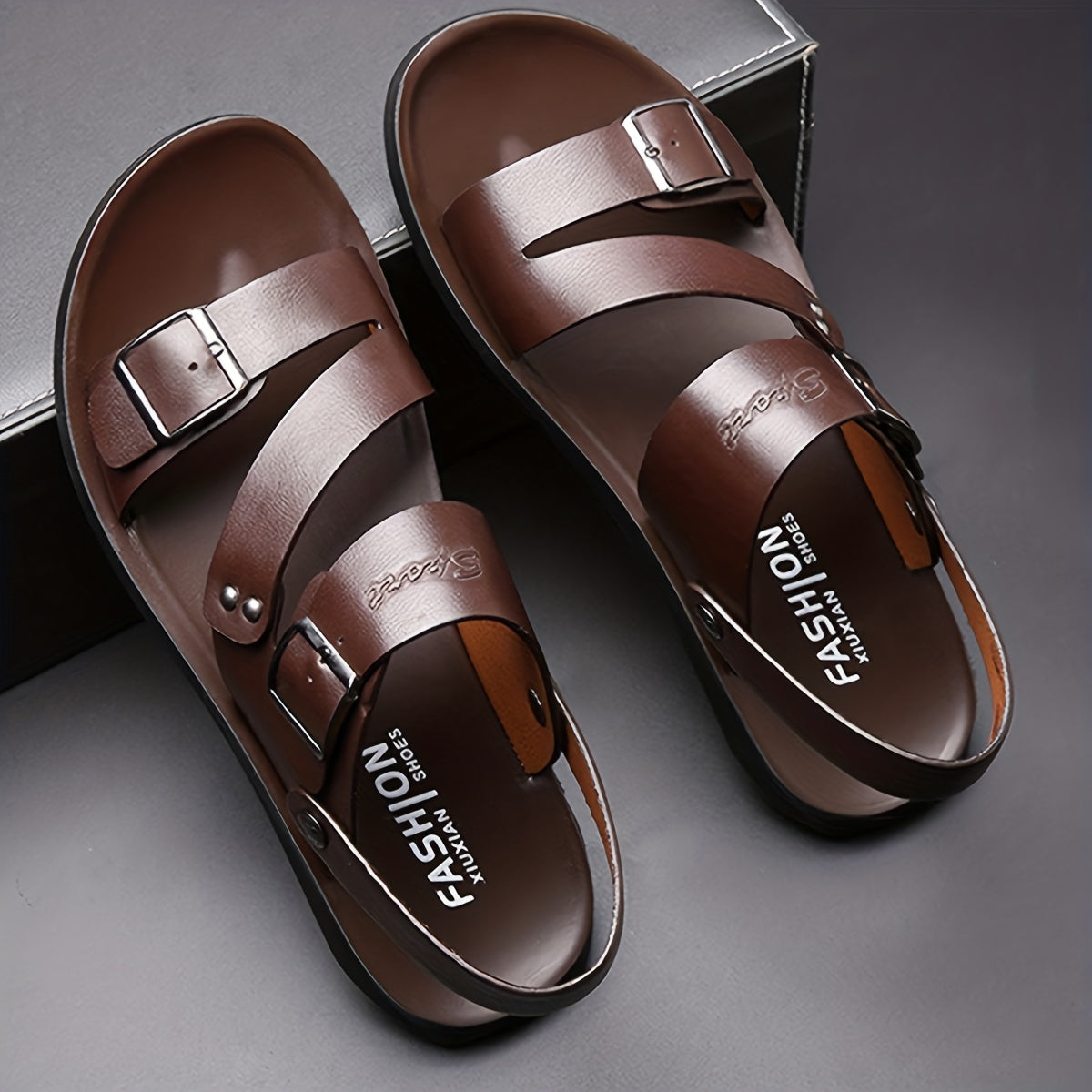 Men's Brown Casual Slip-On Sandals with Rubber Sole Adjustable Buckle