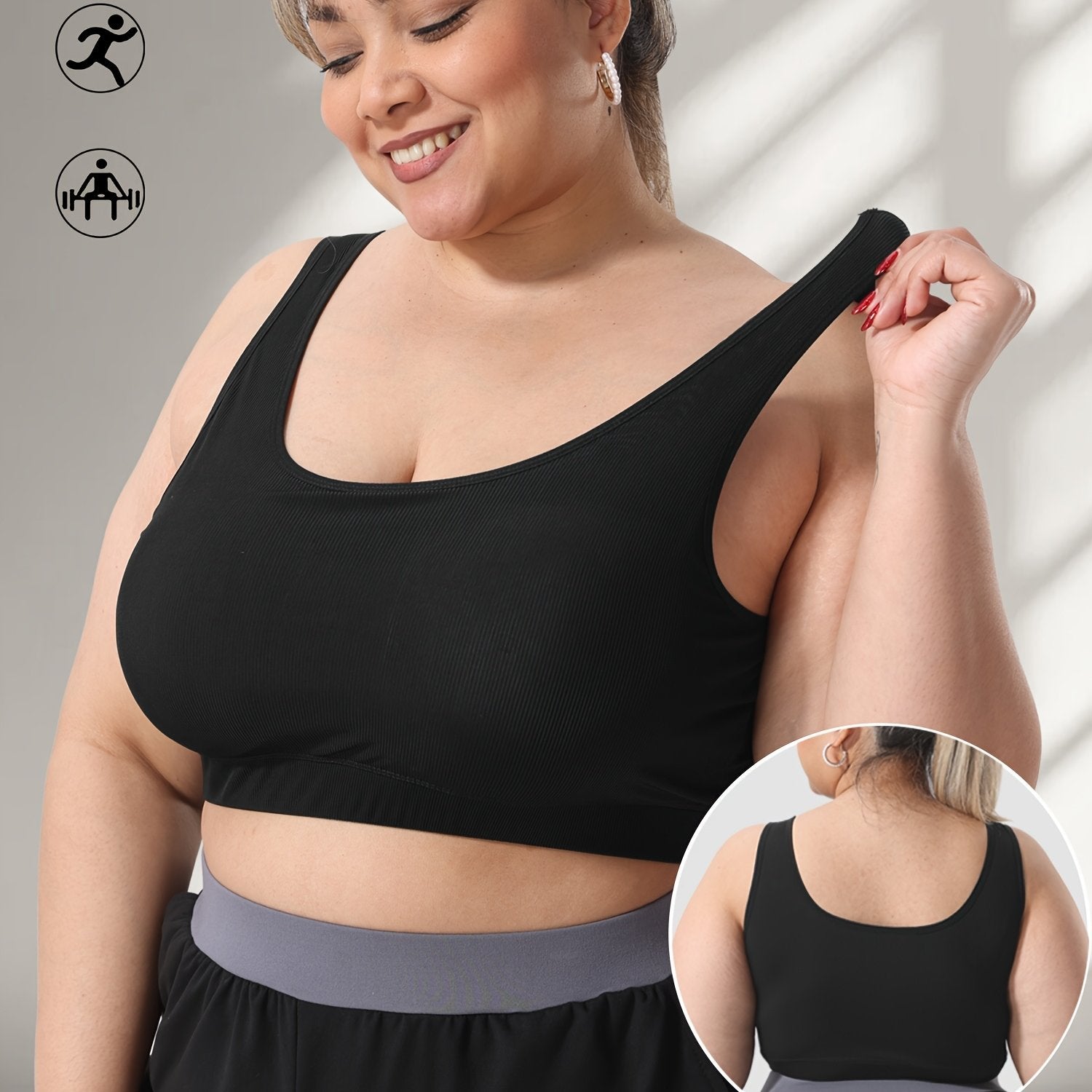 Women's Plus Size Black Knit Tank Top with Built-In Bra Breathable Summer Fitness