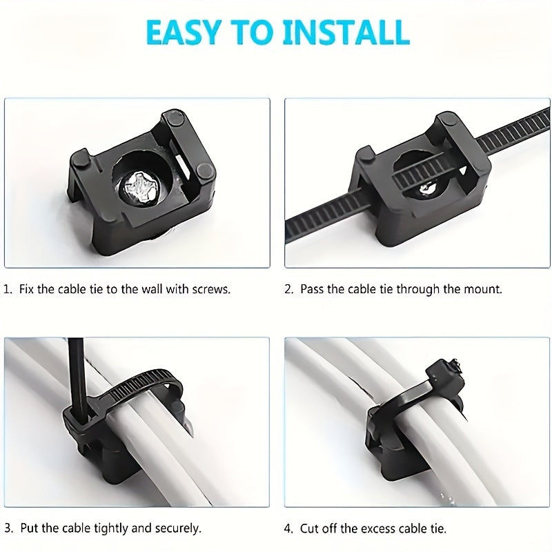 Ofis, uy, bog' uchun 100 ta qora zip-tie asosli otlar, kabellarni mahkamlagichlar