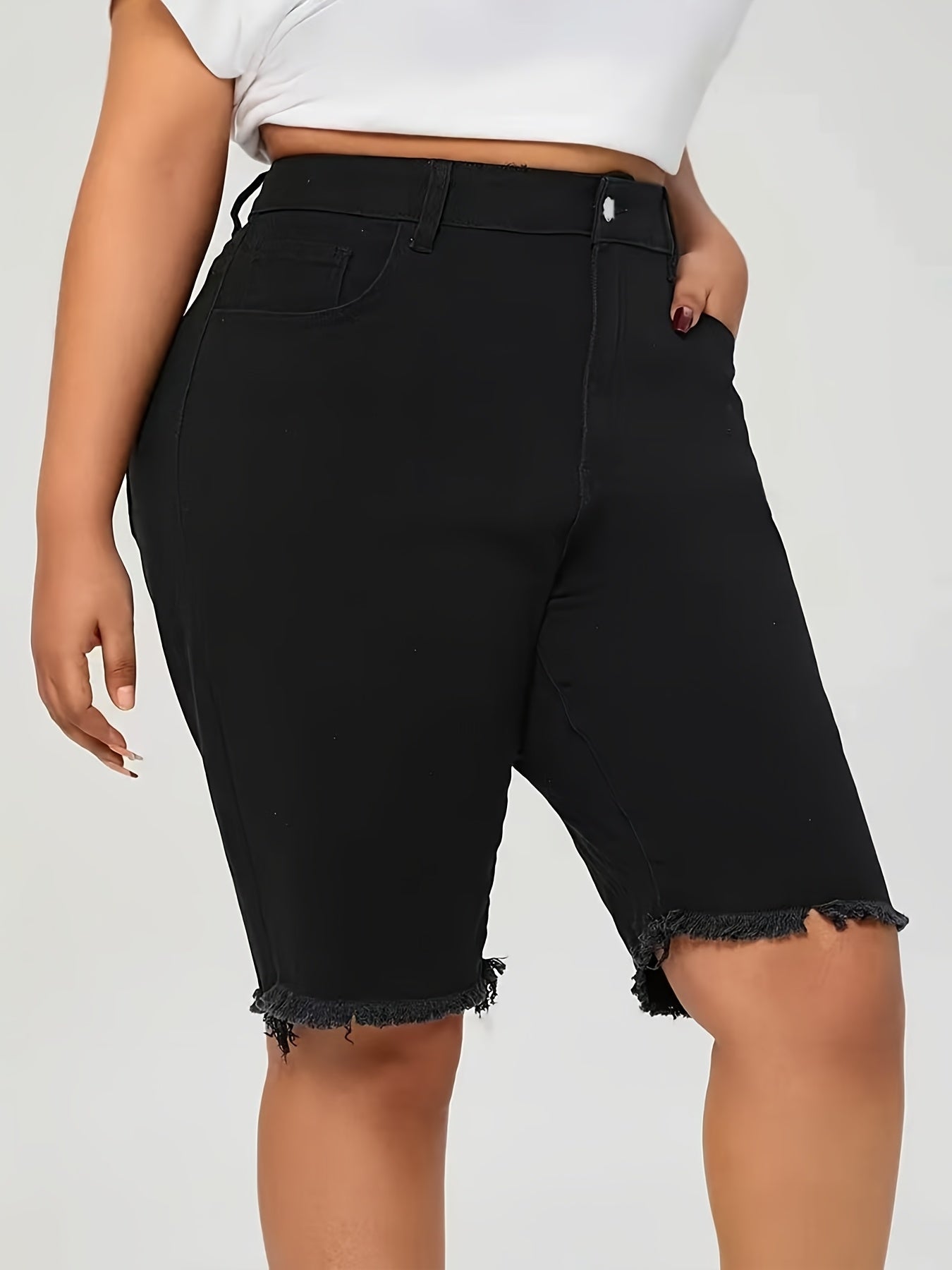 Ayollar uchun katta o'lchamli yuqori belli denim shortlar, qora, yupqa fit, kundalik, zippered