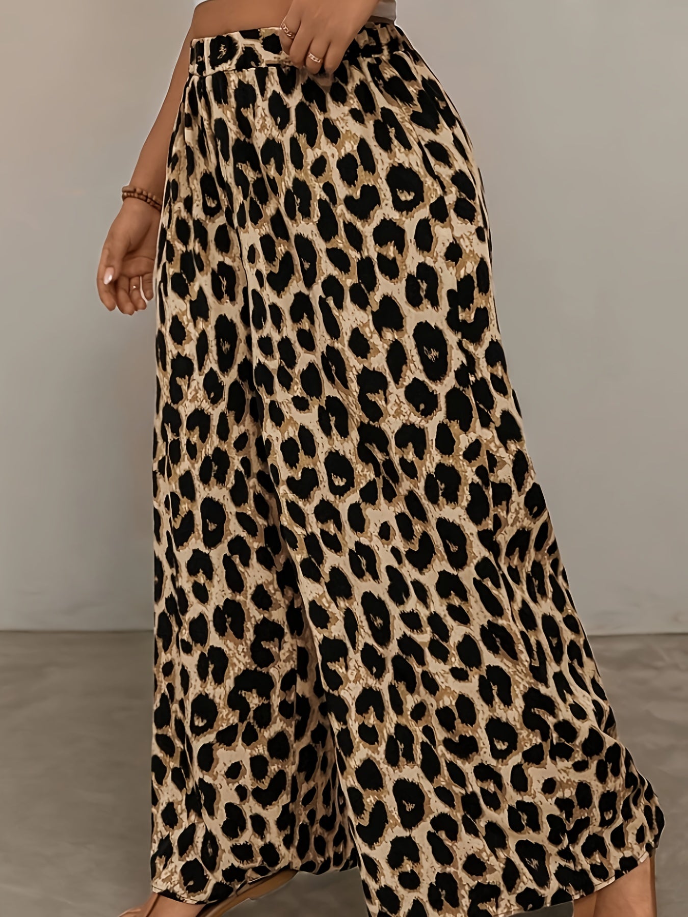 Women's Plus Size Loose-Fit Leopard Print Wide Leg Pants Spring Summer Non-Stretch Fabric