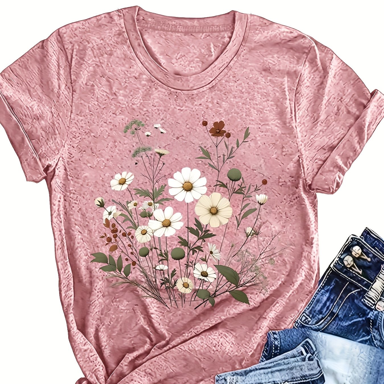 Women’s Floral Print T-Shirt Soft Polyester Round Neck Short Sleeve Summer Top