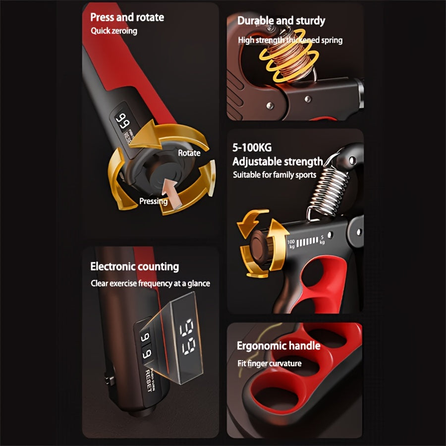 Adjustable Hand Grip Strengthener with Ergonomic Design and Double Spring in Red Gray Orange