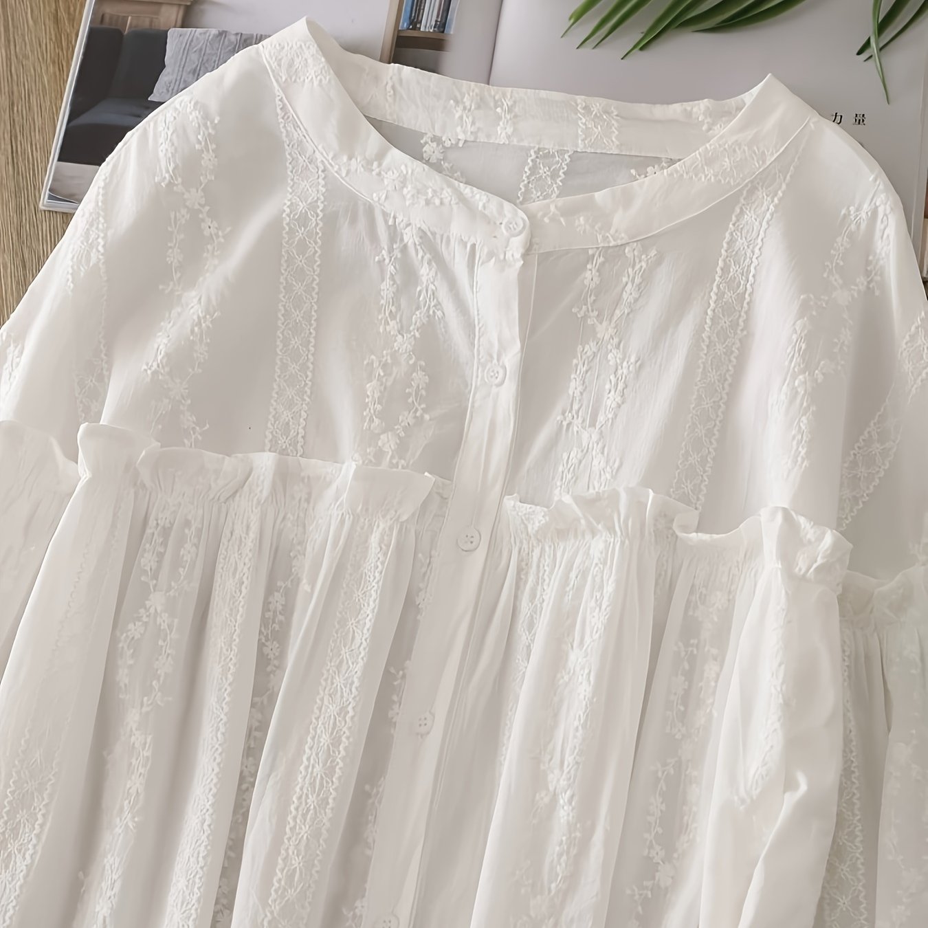 Women's White Lace-Trim Long Sleeve Blouse with Ruffled Collar and Semi-Sheer Design