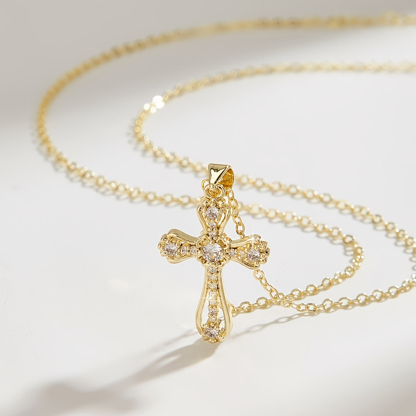 Gold Plated Cross Pendant Necklace with Cubic Zirconia Religious Charm for Women