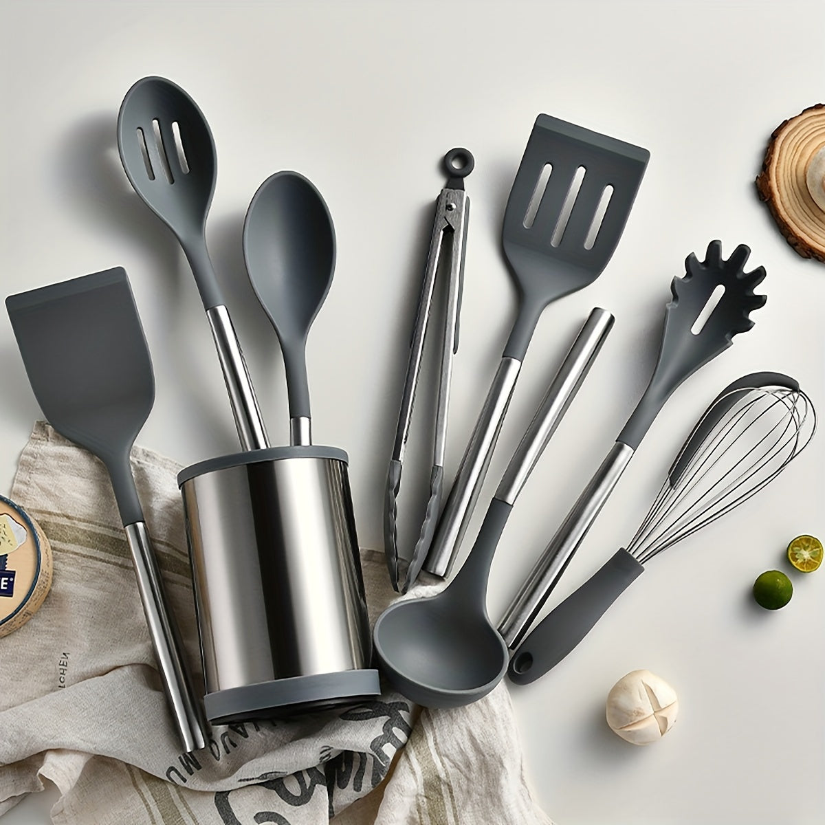Silicone Kitchen Utensil Set 9 Pieces Non-Stick Cooking Tools with Stainless Steel Handles