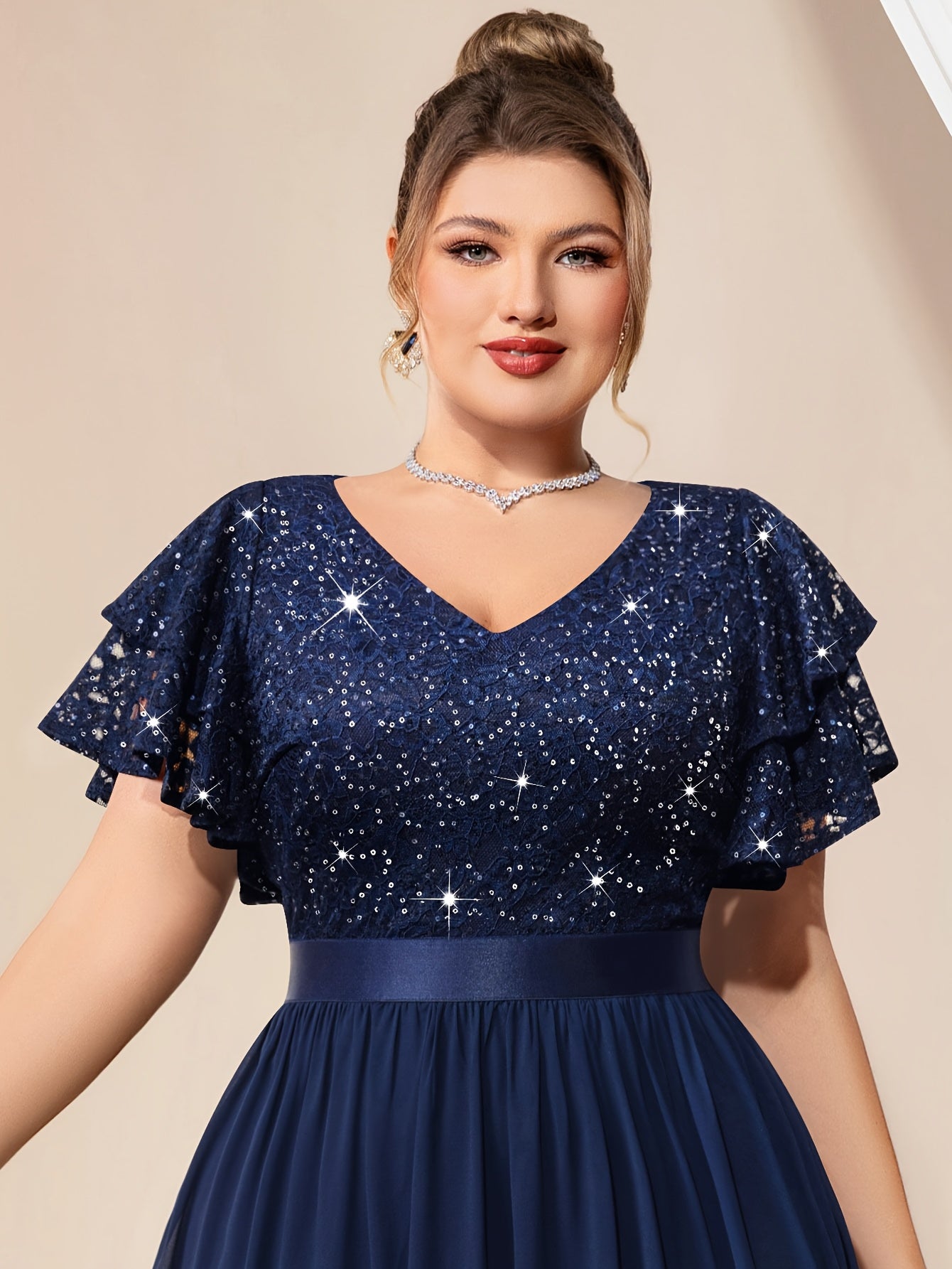 Women Maxi Dress Lace Beaded V-Neck Chiffon Party Summer Plus Size