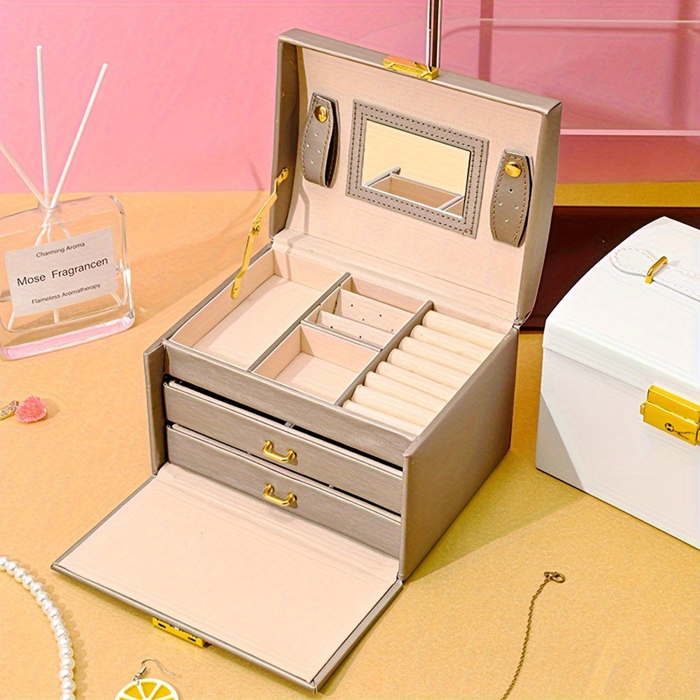 Faux Leather Jewelry Organizer with Lock for Rings Earrings Bracelets Watches Storage Gift