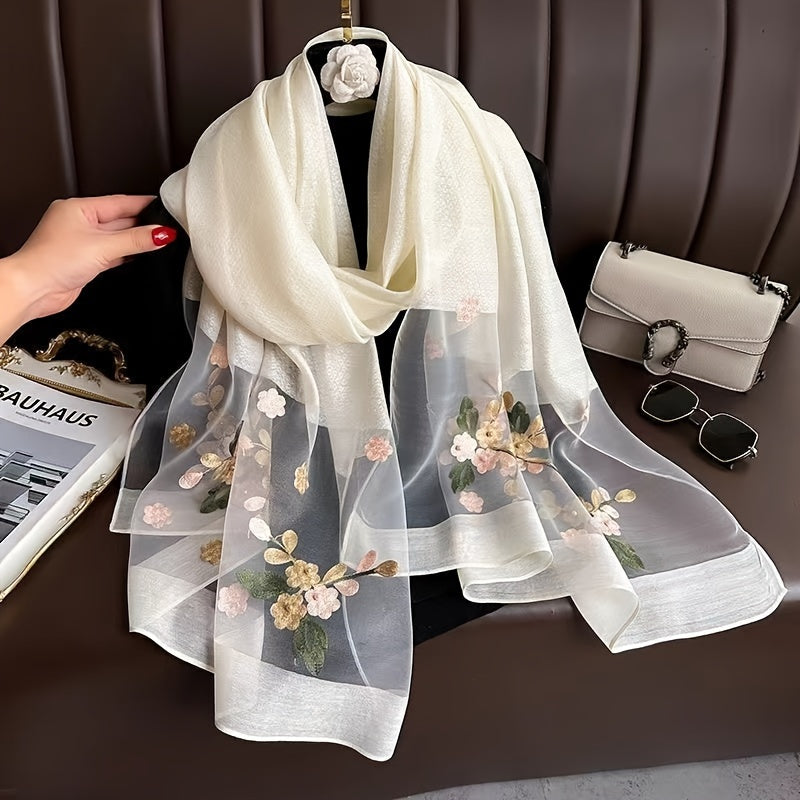 Women’s Embroidered Begonia Flower Scarf Thin Dual-Layer Breathable Solid Color Shawl