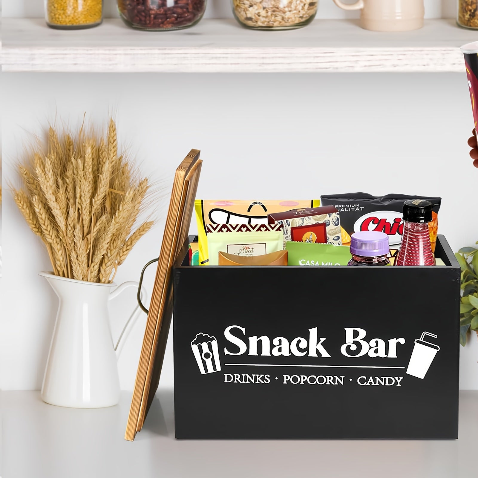 Wooden Snack Organizer Basket with Handles for Kitchen Pantry Countertop Storage