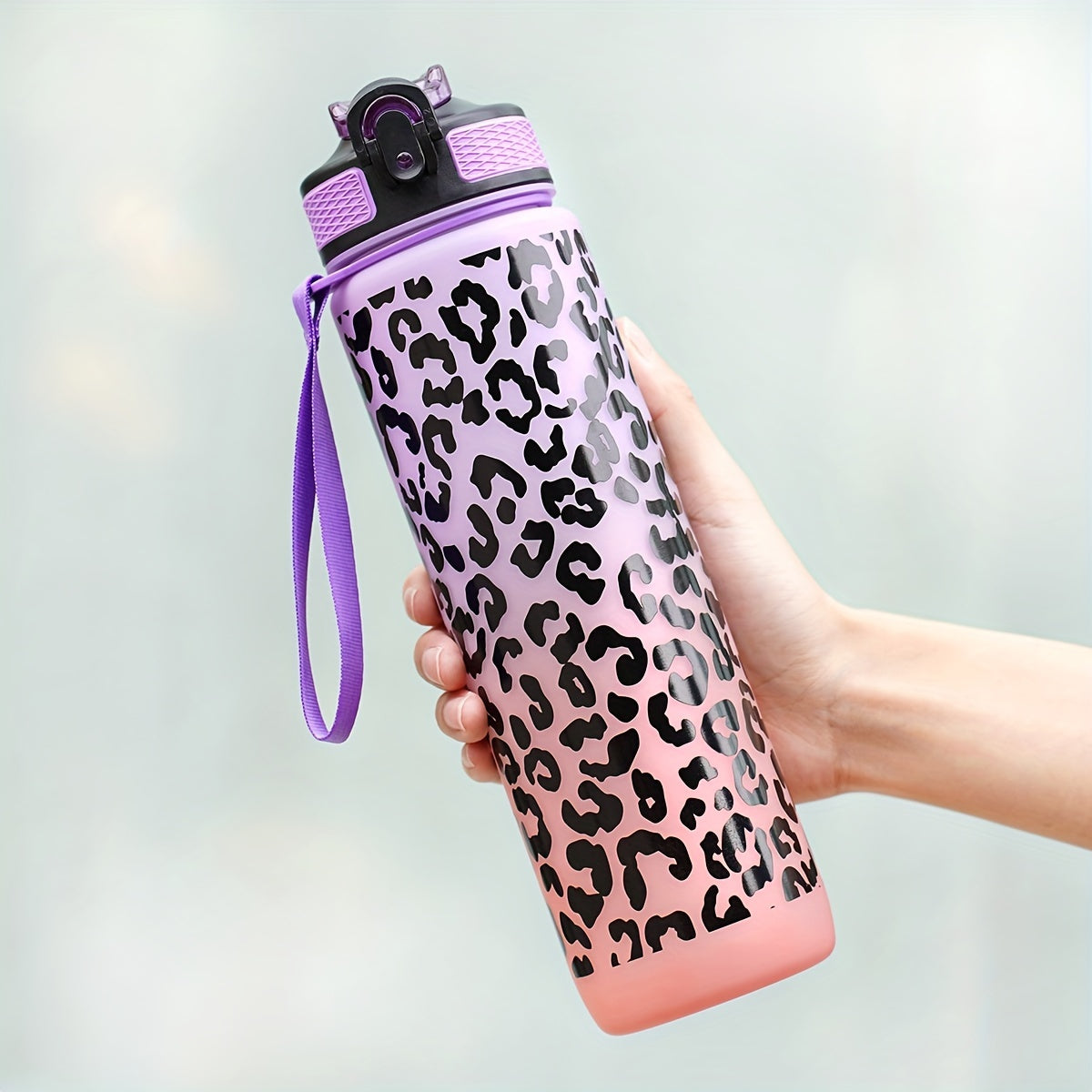 32oz Leopard Print Water Bottle with Straw PVC-Free for Running Cycling Fitness