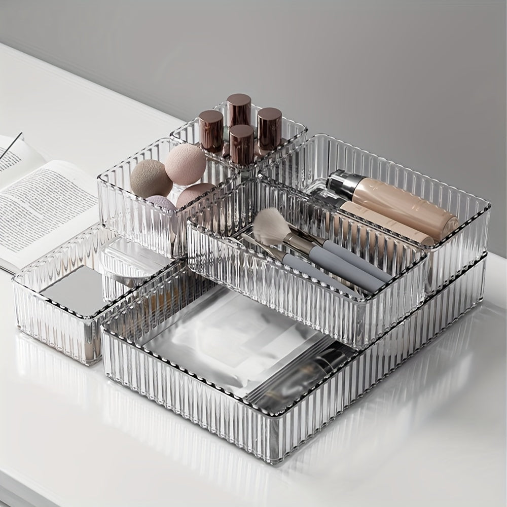 Stackable Clear Drawer Organizer Set in 4 Sizes for Makeup Skincare Stationery Storage