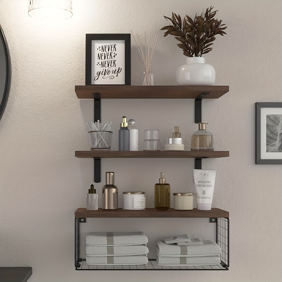 Carbon Black Bathroom Floating Shelves with Storage Basket Space-Saving Wall Organizer