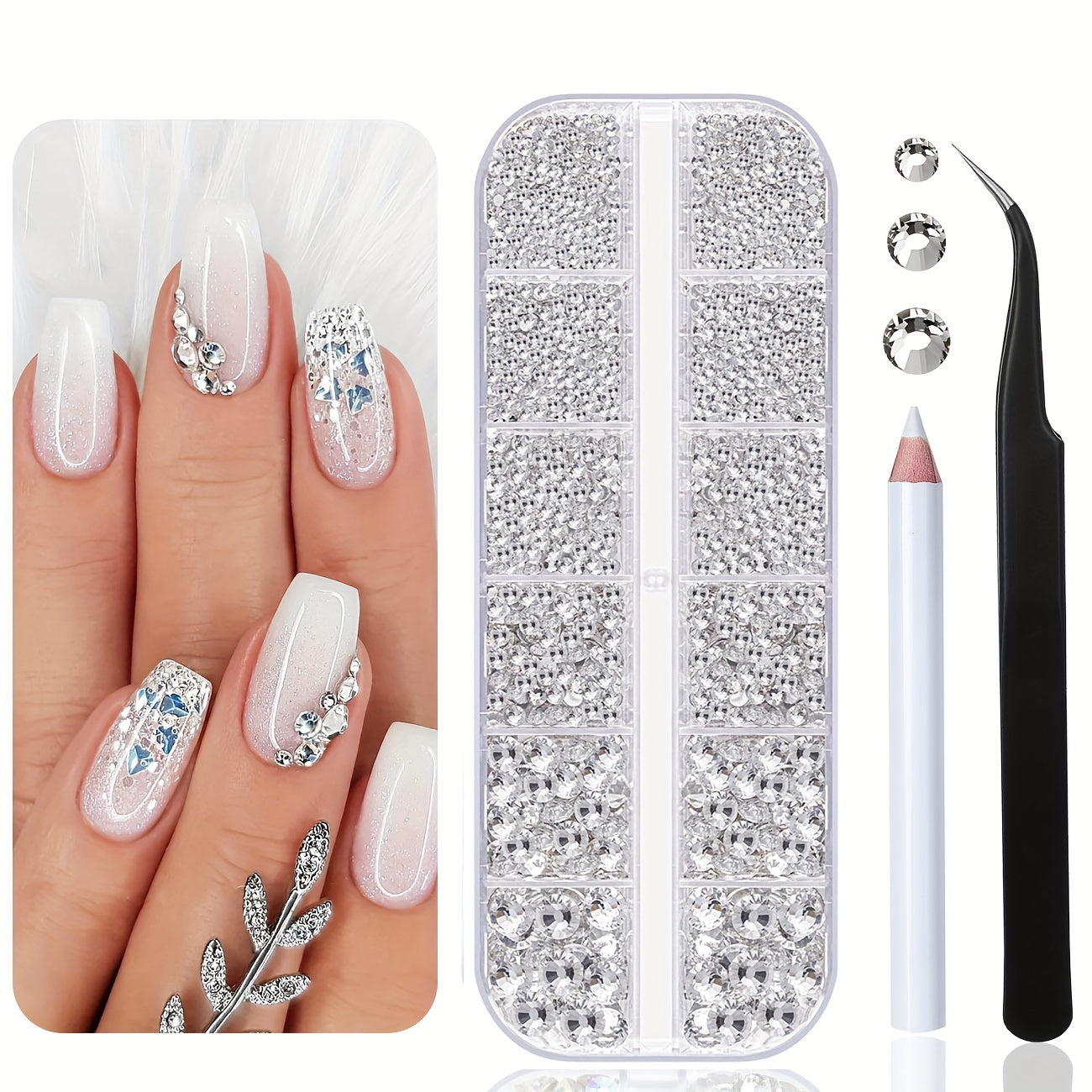 White Rhinestone Set 2200 Pieces with Storage Box for Nails Art Crafts and Jewelry