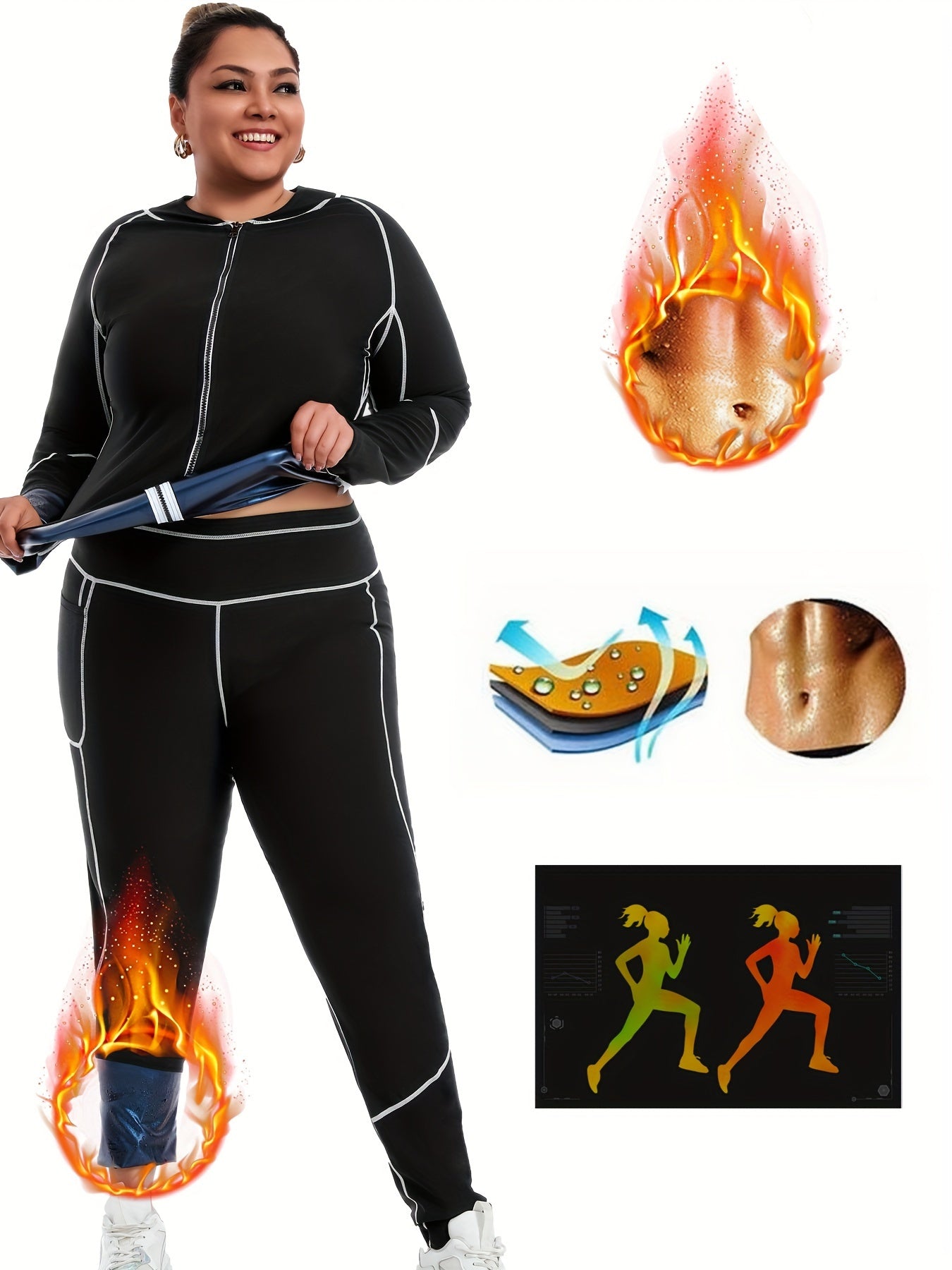 Plus Size Women's Shapewear Suit for Autumn Winter Patchwork Long Sleeve Waist Trimmer Yoga Set