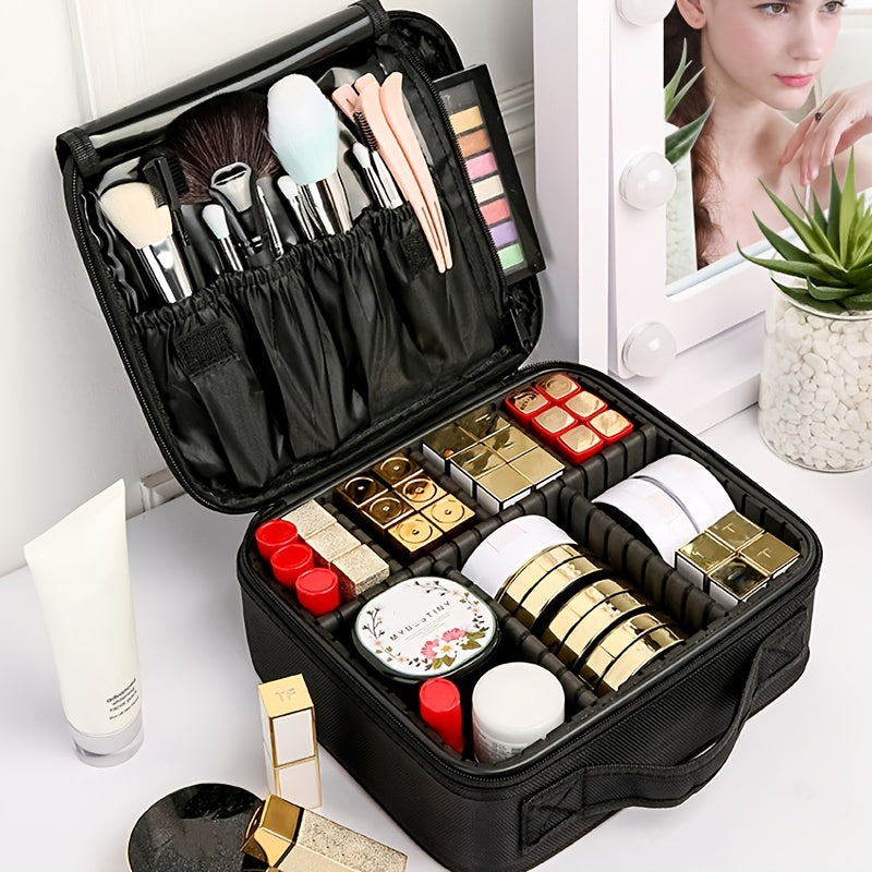 Black Waterproof Makeup Organizer Bag with Adjustable Dividers for Travel