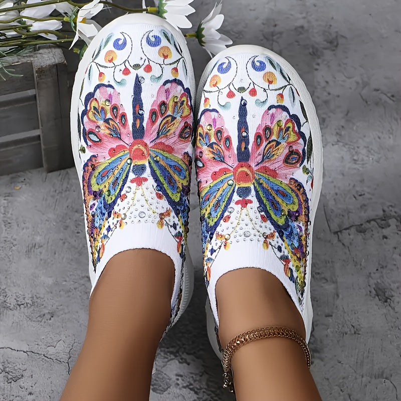 Plus-Size Women's Butterfly Slip-On Sneakers Lightweight Breathable Rhinestone