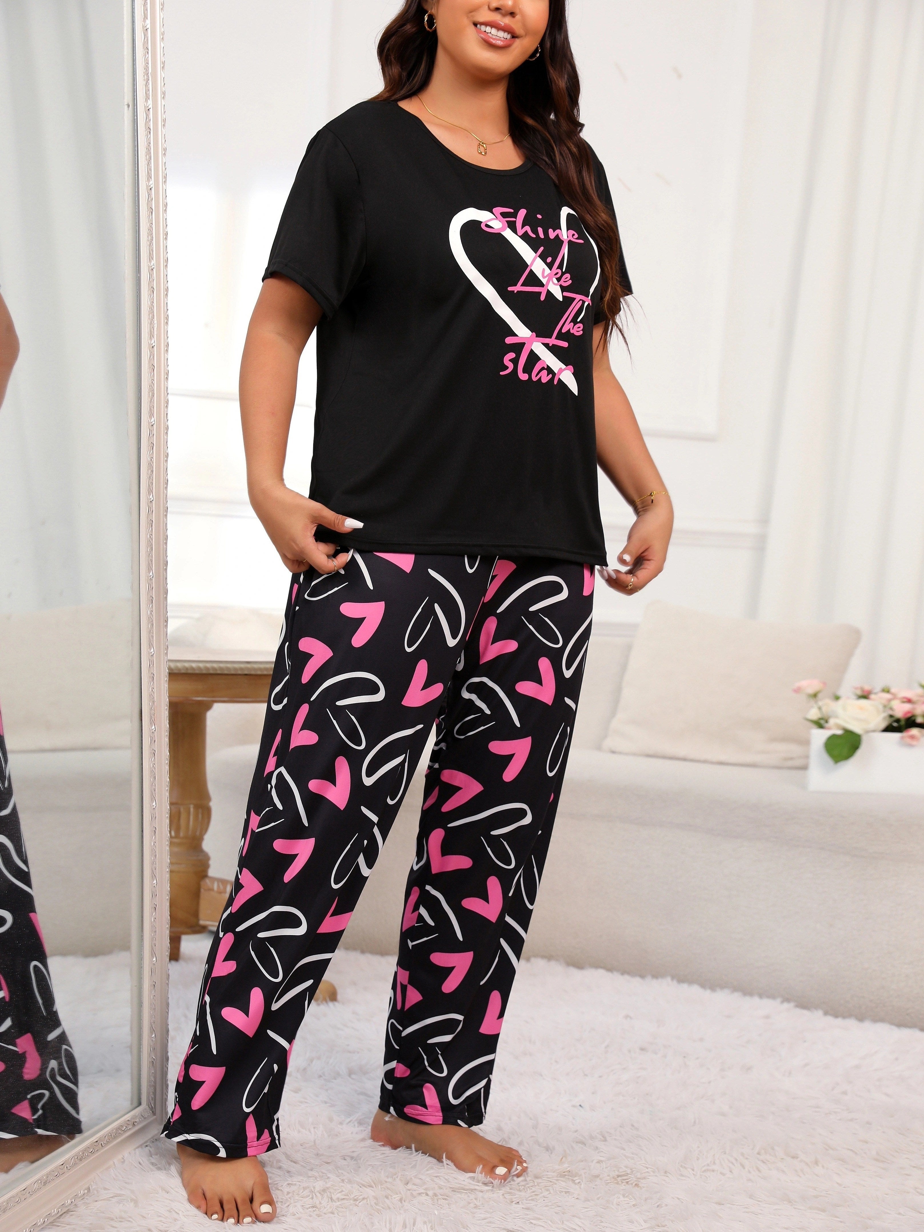 Plus Size Women's Pajama Set Soft Polyester Heart Letter Print Black Pink Loungewear