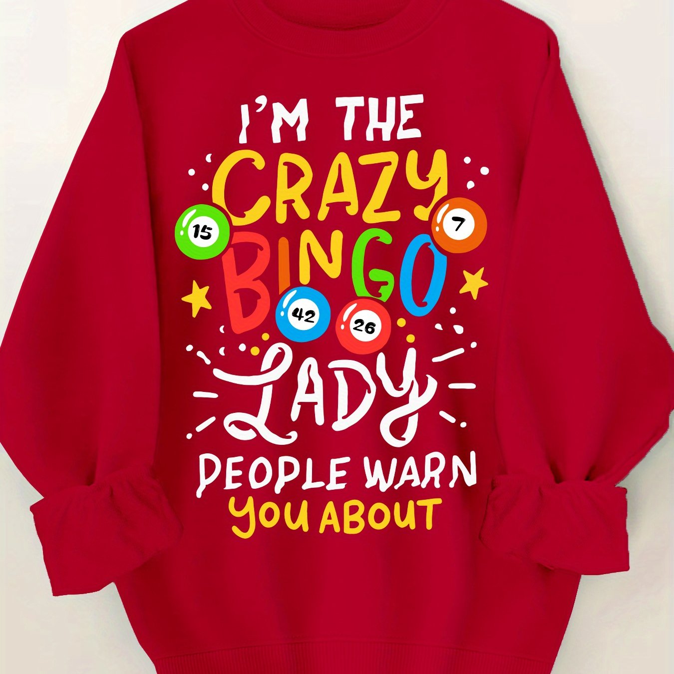 Plus Size Women's Crew Neck Sweatshirt with Crazy Bingo Lady Print Casual Long Sleeve Pullover