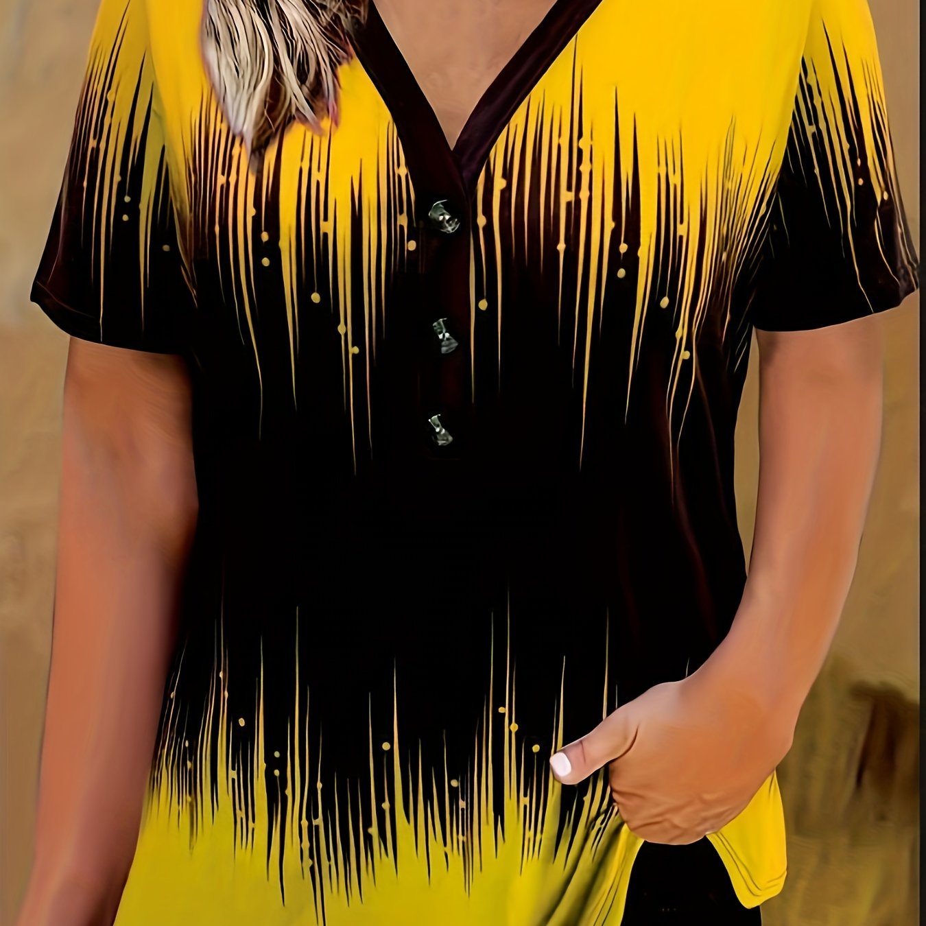 Camiseta de mujer de talla grande con estampado ombré, con botones, casual, de manga corta y cuello en V