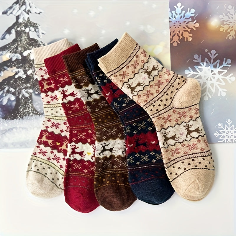 Women's Christmas Reindeer Snowflake Cozy Thick Socks Set of 3 in Mixed Colors