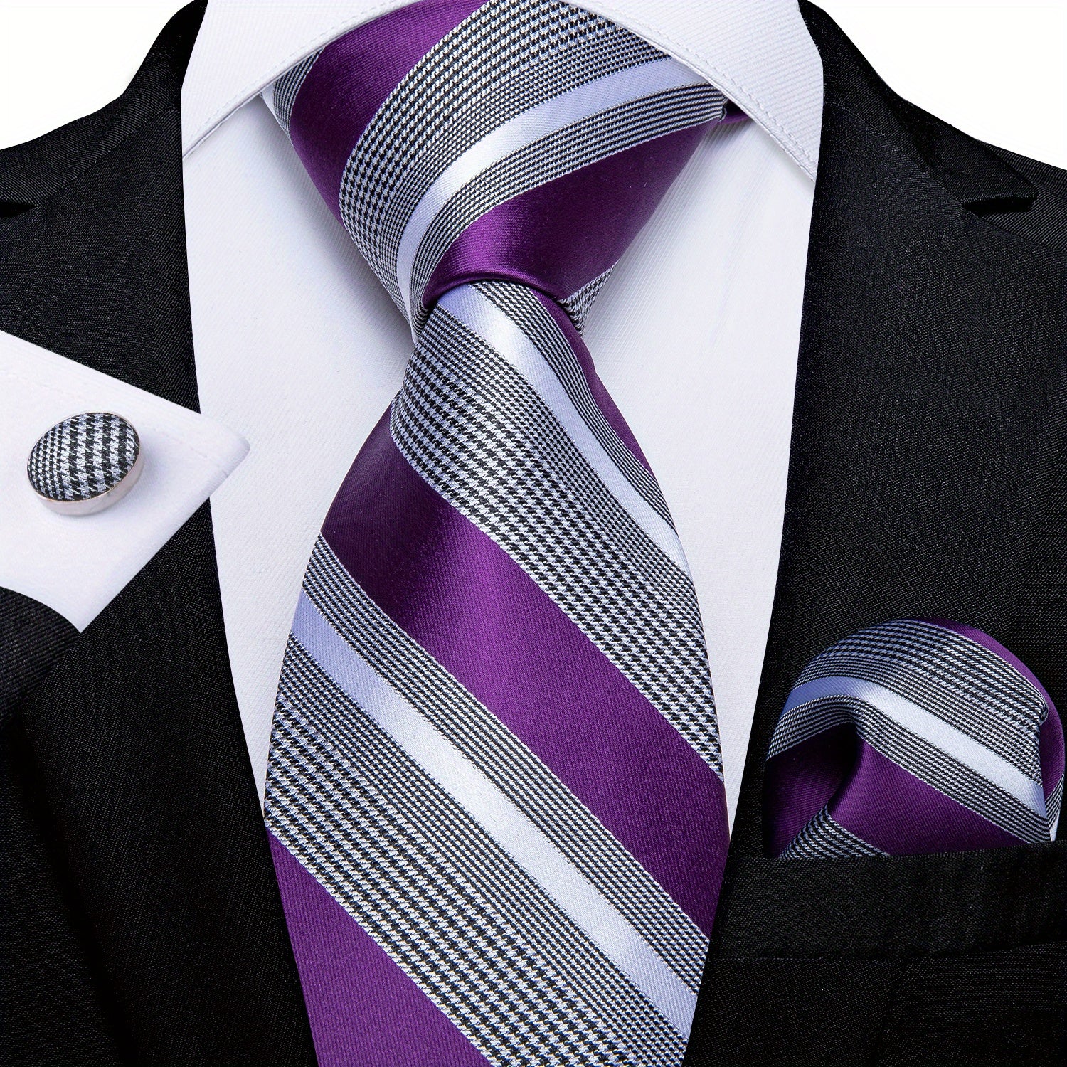 Men's Striped Necktie Set with Handkerchief and Cufflinks for Weddings and Business