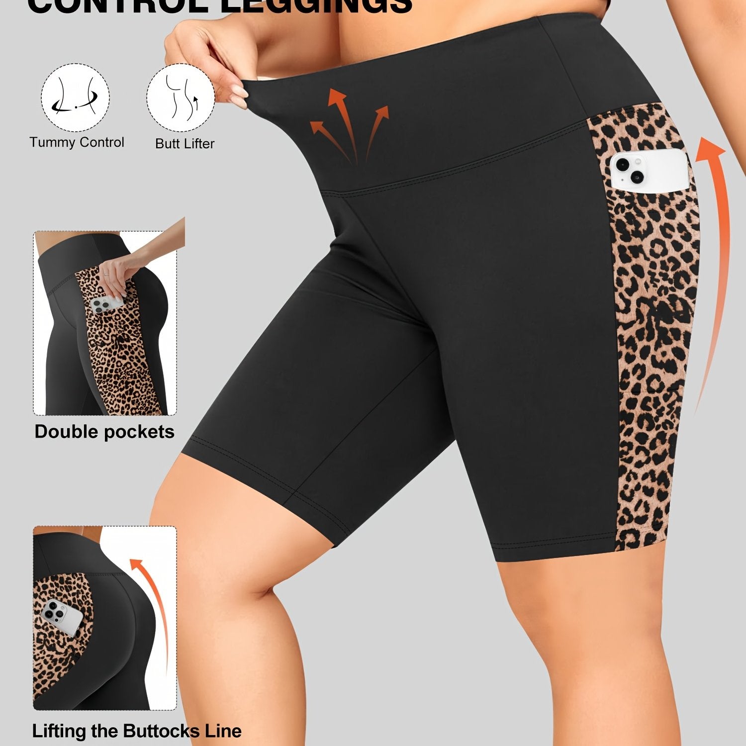 Pantalones cortos de yoga de cintura alta para mujer con control de abdomen, estampado de leopardo negro, transpirables, para verano, entrenamiento