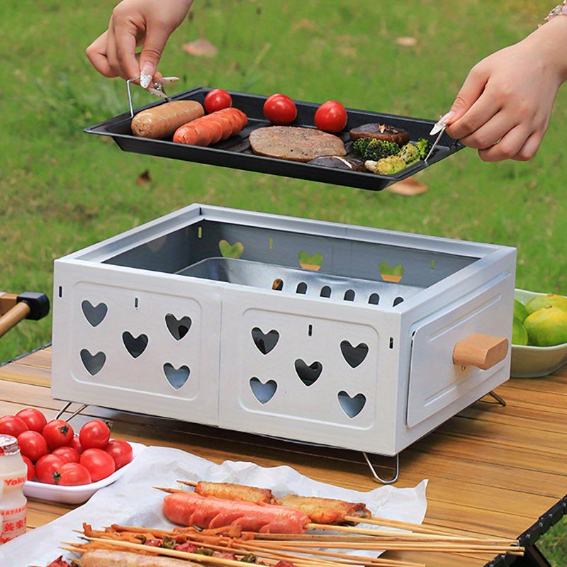 Portativ kvadrat BBQ grill, yopishmaydigan qoplama bilan - Kamping, uy va ochiq havoda pishirish uchun ko‘p maqsadli ko‘mir pechasi. Stainless steel konstruktsiya, choy qaynatish va go‘sht grill qilish uchun ideal.