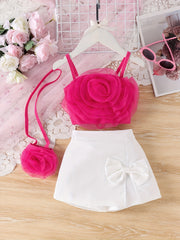 Летний комплект для девочек с розовым топом и юбкой с бантом для повседневной носки