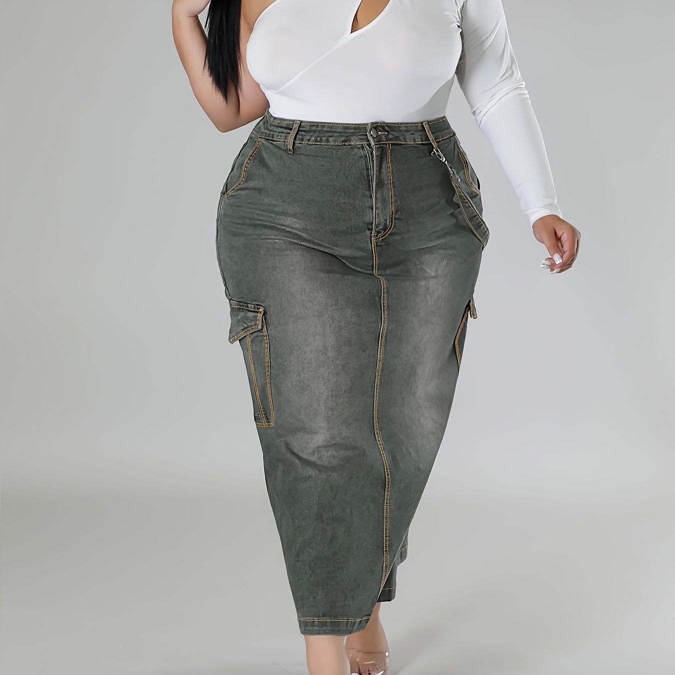 Falda midi de mezclilla lavada de tallas grandes para mujer lavable a máquina