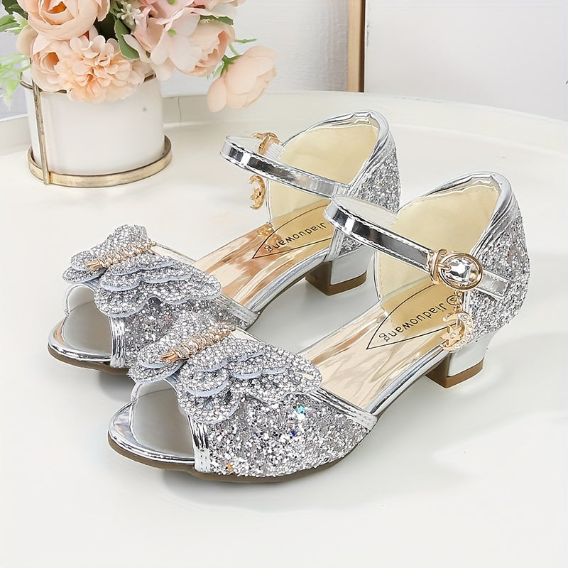 Девочки летние туфли-танцевальные на каблуке в стиле бабочка принцесса с пайетками и пряжкой
