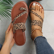 Women’s Leopard Print Flat Slides Open Toe Summer Beach Sandals