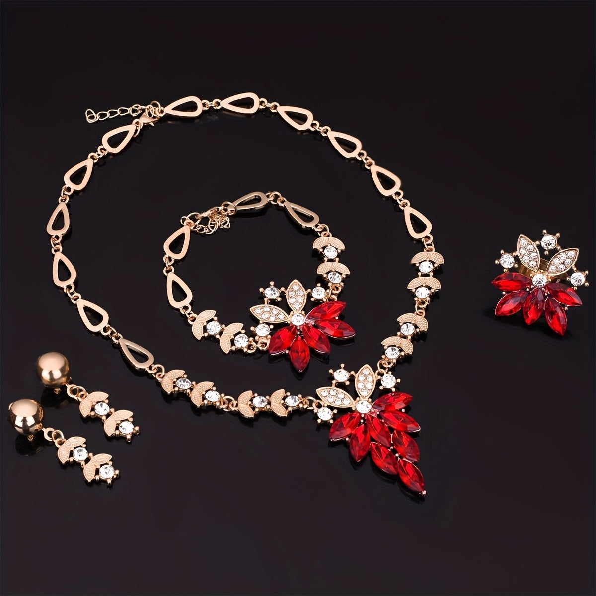 Jewelry Set with Flower Design Earrings Necklace Bracelet Ring White and Scarlet Zirconia
