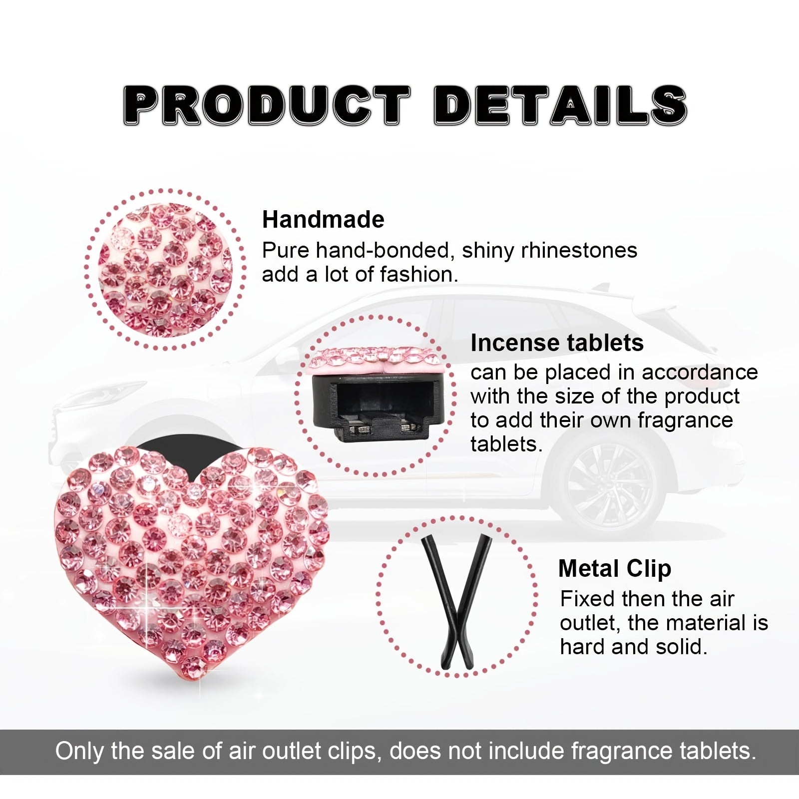 2PCS Clips de difusor de aroma para coche en forma de corazón de cristal, accesorios decorativos para coche